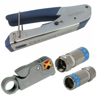 Cabelcon CX3 Kompressionszange + Coax Profi Abisolierer + Cabelcon F-56 CX3 5.1 Kompressionsstecker 10x Stck