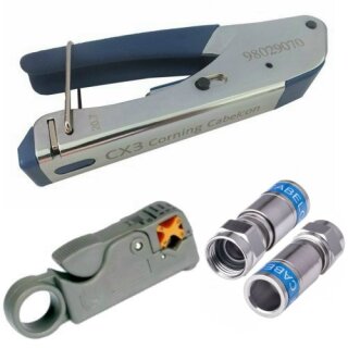 Cabelcon CX3 Kompressionszange + Coax Profi Abisolierer + Cabelcon F-56-CX3 7.0 QM Quickmount Kompressionsstecker 50x Stck