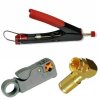 Kompressionszange Rot + Coax Profi Abisolierer + Winkel F-Kompressionsstecker Gold Vollmetall für 7mm Kabel 30x Stück