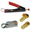 Kompressionszange Universal + Coax Profi Abisolierer + Winkel / Gerade F-Kompressionsstecker 7mm Vollmetall Gold