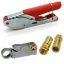 Kompressionszange Rot + Megasat Abisolierer + F-Kompressionstecker Gold Vollmetall für 8mm - 8.2mm Kabel  30x Stück