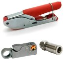 Kompressionszange Rot + Megasat Abisolierer + F-Kompressionsstecker Vollmetall für 8mm - 8.2mm Kabel 100x Stück